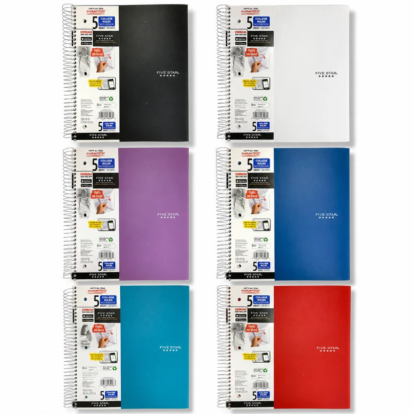 Mead Five Star 5 Subject College Ruled Notebook 200 Pages Assorted Colors