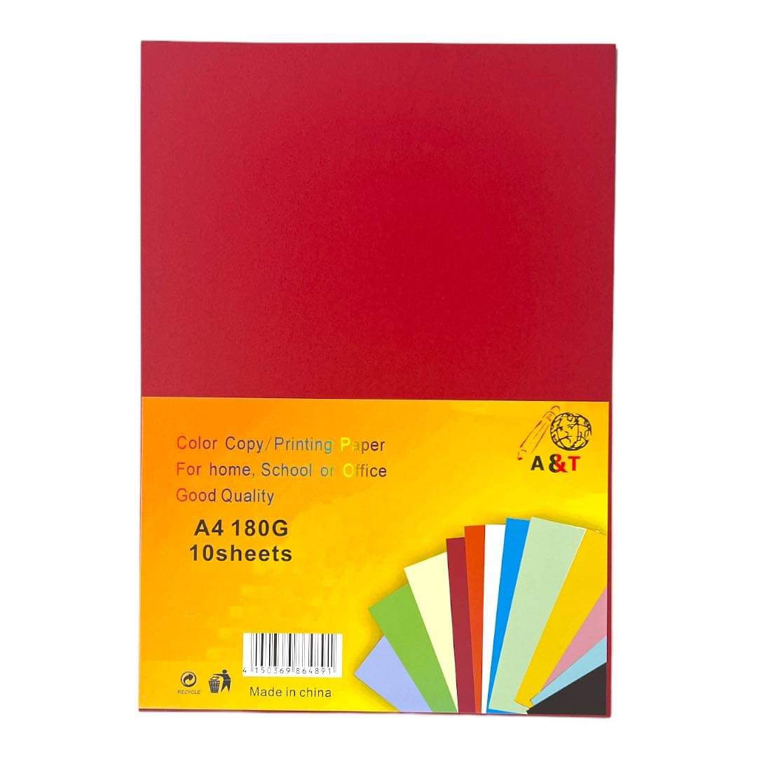 A&T Printing Paper 10 Colors 180 gsm A4 Size || ورق مقوى ملون من A&T، 10 ألوان، 180 جم، مقاس A4