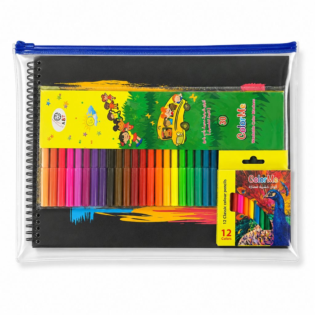 A&T Stationery Set 43 Pcs B4 Black Pad + 30 markers + 12 short colored pencils || مجموعة قرطاسية اي اند تي 43 حبة دفتر ورق اسود + 30 لون شيني + 12 لون خشبي قصير