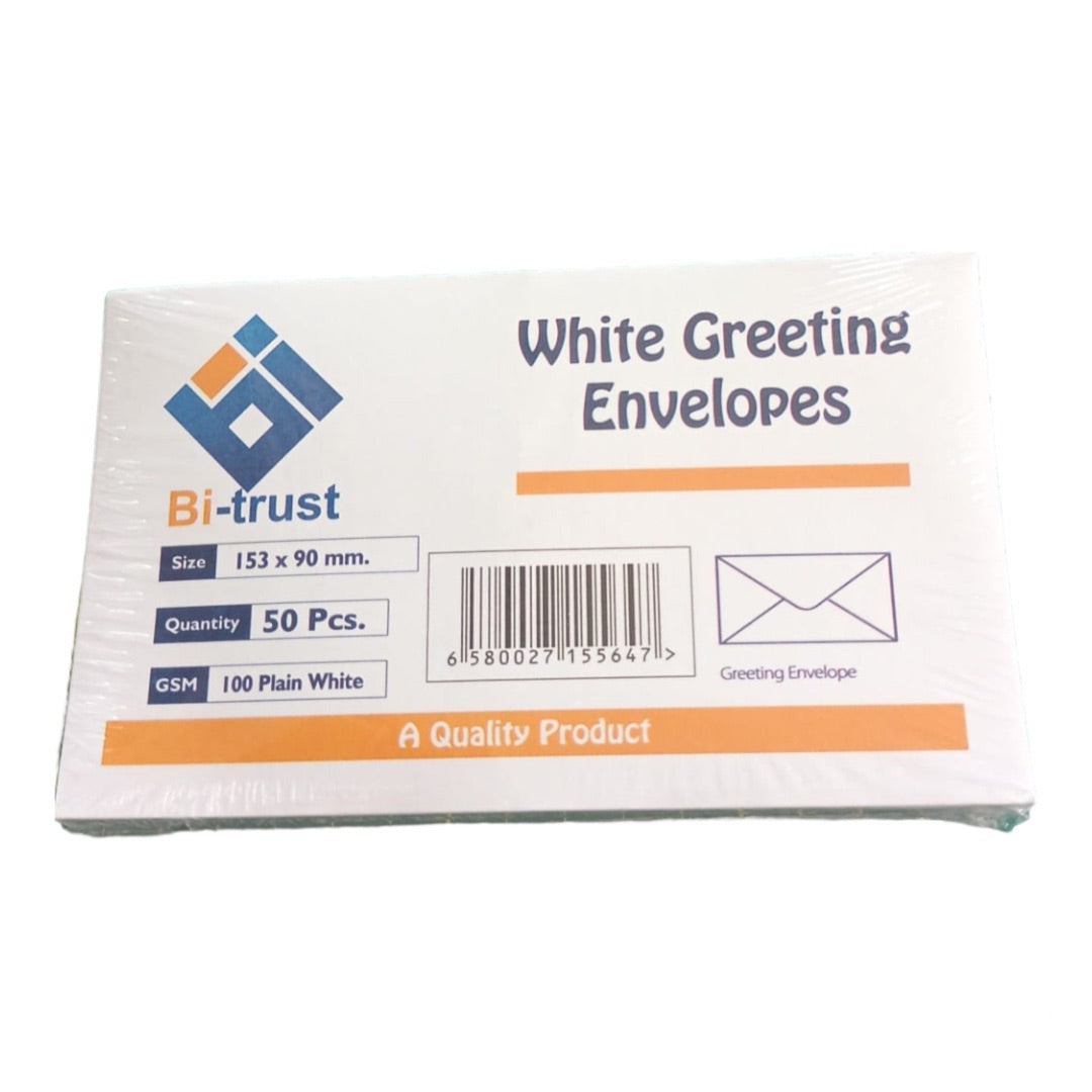 Bi Trust Plain White Envelopes 153*90 mm 50 pc Pack || أظرف "باي تراست" سادة باللون الأبيض مقاس 153*90 مم - عبوة 50 حبة