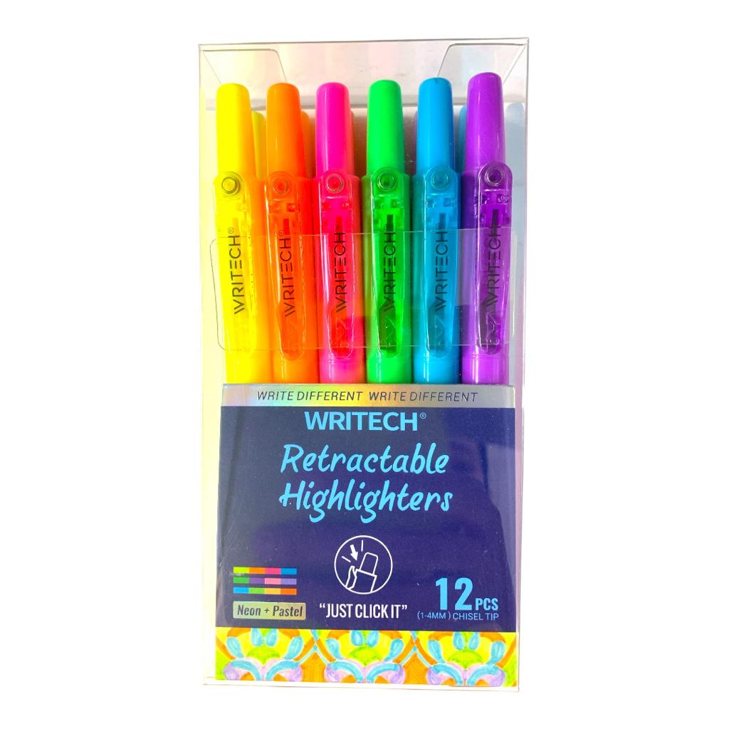 Writech Retractable Highlighters 12 Mild+Neon Colors || أقلام تحديد فسفورية قابلة للسحب من رايتيك، ١٢ لونًا (باستيل ونيون)
