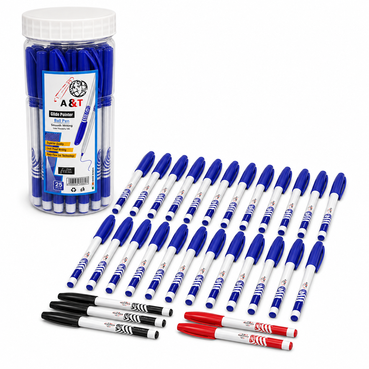 عبوة أقلام حبر جاف A&T قلايد بوينتر، 25 قلمًا - 20 أزرق - 3 أسود - 2 أحمر