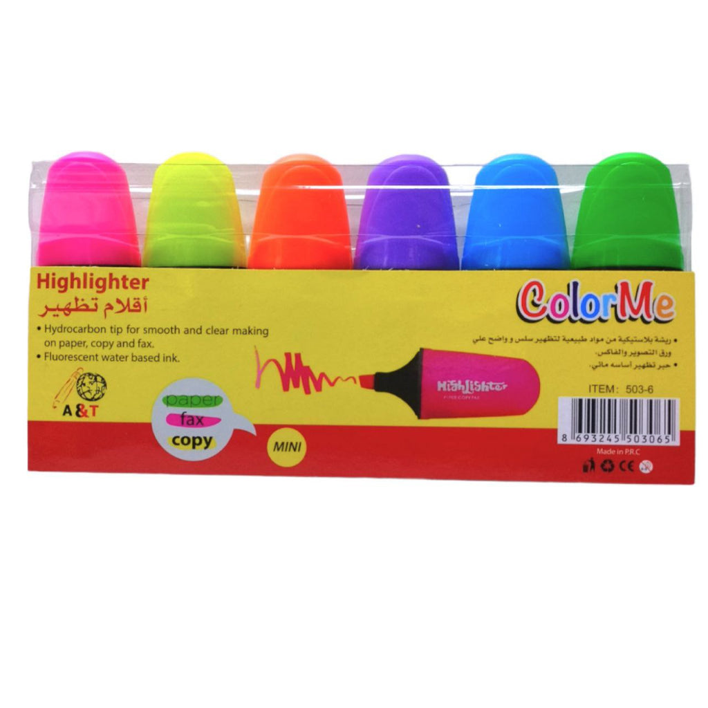 أقلام تحديد فسفورية صغيرة من A&T، 6 ألوان || A&T Color Me Mini Highlighters 6 Colors