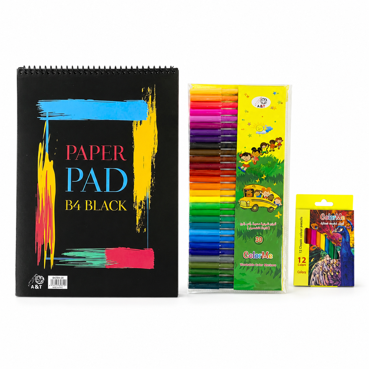 A&T Stationery Set 43 Pcs B4 Black Pad + 30 markers + 12 short colored pencils || مجموعة قرطاسية اي اند تي 43 حبة دفتر ورق اسود + 30 لون شيني + 12 لون خشبي قصير
