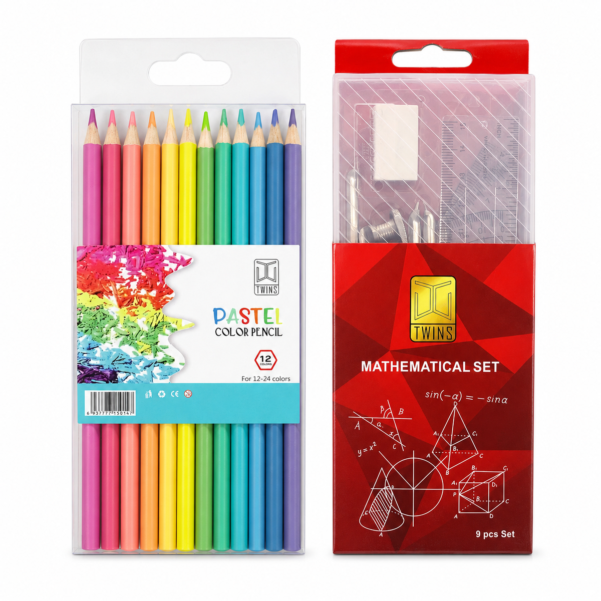 A&T Offer Math Set + Colored Pencil Pack || مجموعة قرطاسية اطلس باكيت الوان خشبية باستيل و علبة هندسة
