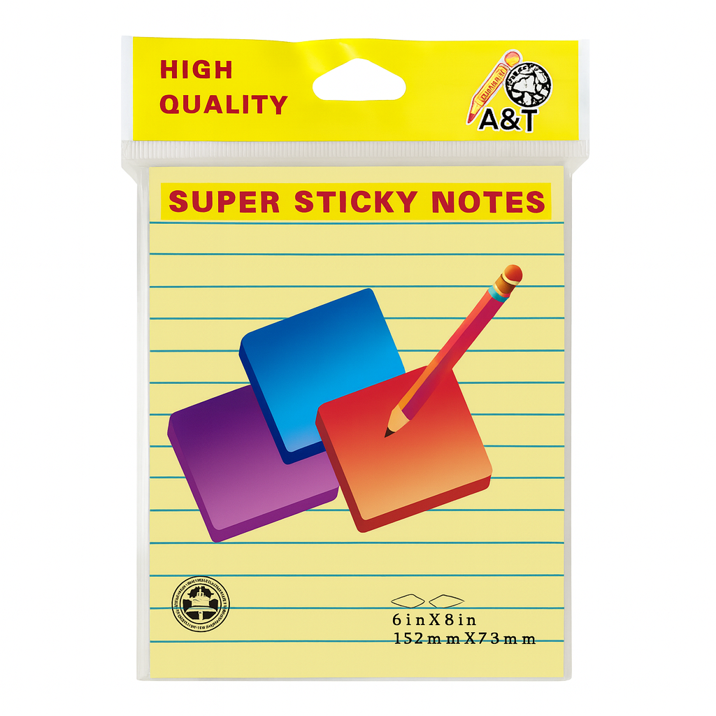 A&T Yellow Lined Super Sticky Notes 6x8 || ورق ملاحظات لاصق أصفر مسطر من A&T مقاس 6×8