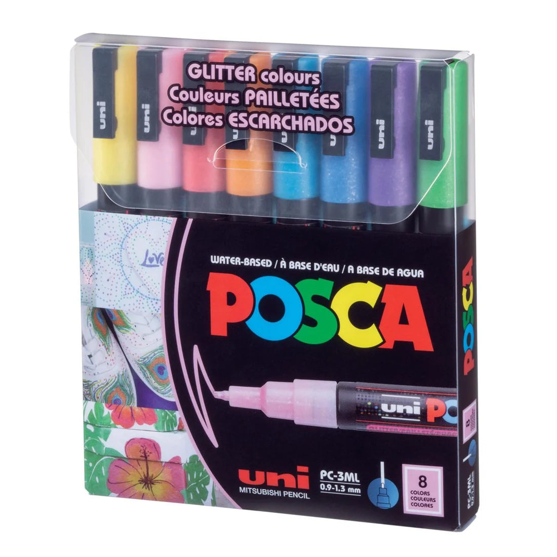 مجموعة أقلام تحديد بوسكا (Posca) برأس دقيق (PC-3ML)، 8 ألوان جليتر لامعة