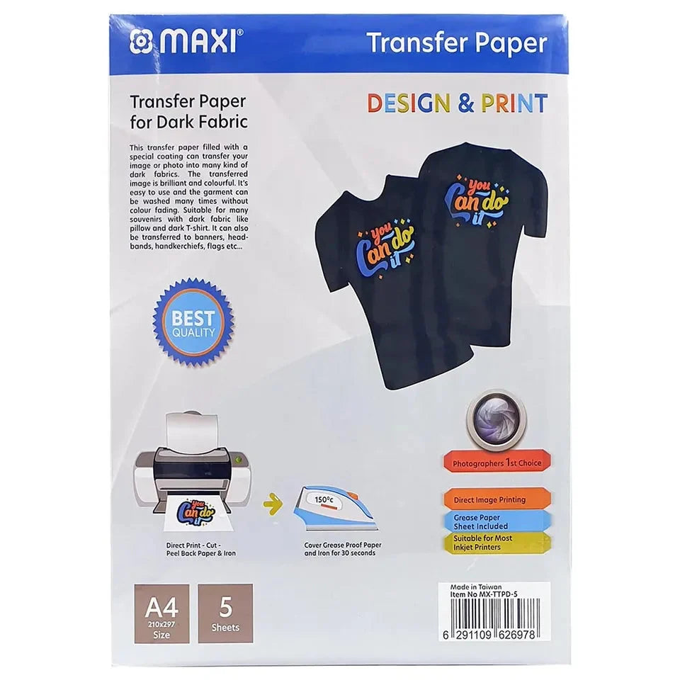 Maxi - T-Shirt Transfer Paper 190 gsm A4 5 Sheets - Dark || ورق نقل حراري للتيشيرتات للأقمشة الغامقة 190 جرام A4 - 5 ورقات