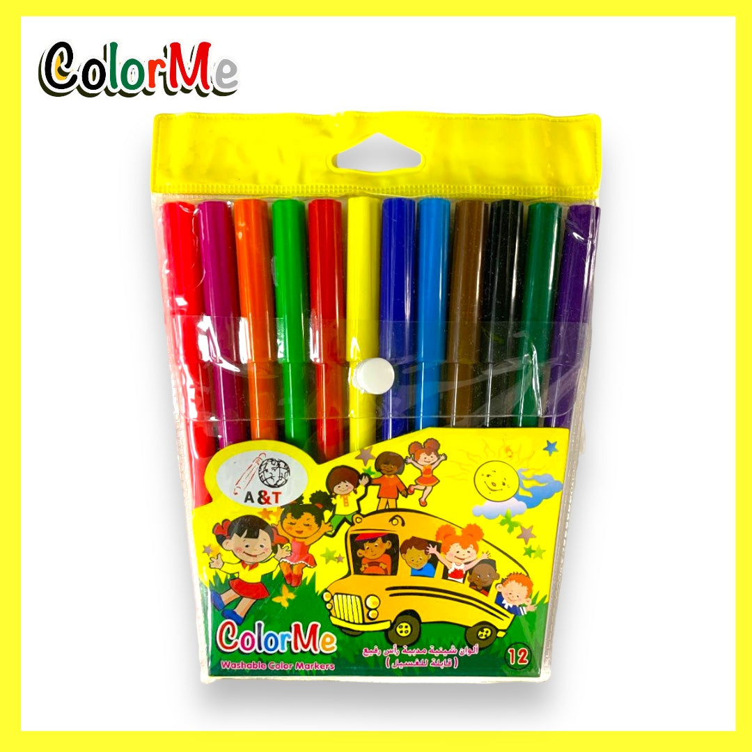 A&T Color Me Washable 12 Color Pack Fine Tip || طقم أقلام تلوين "كولور مي" قابل للغسل، 12 لونًا، رأس رفيع