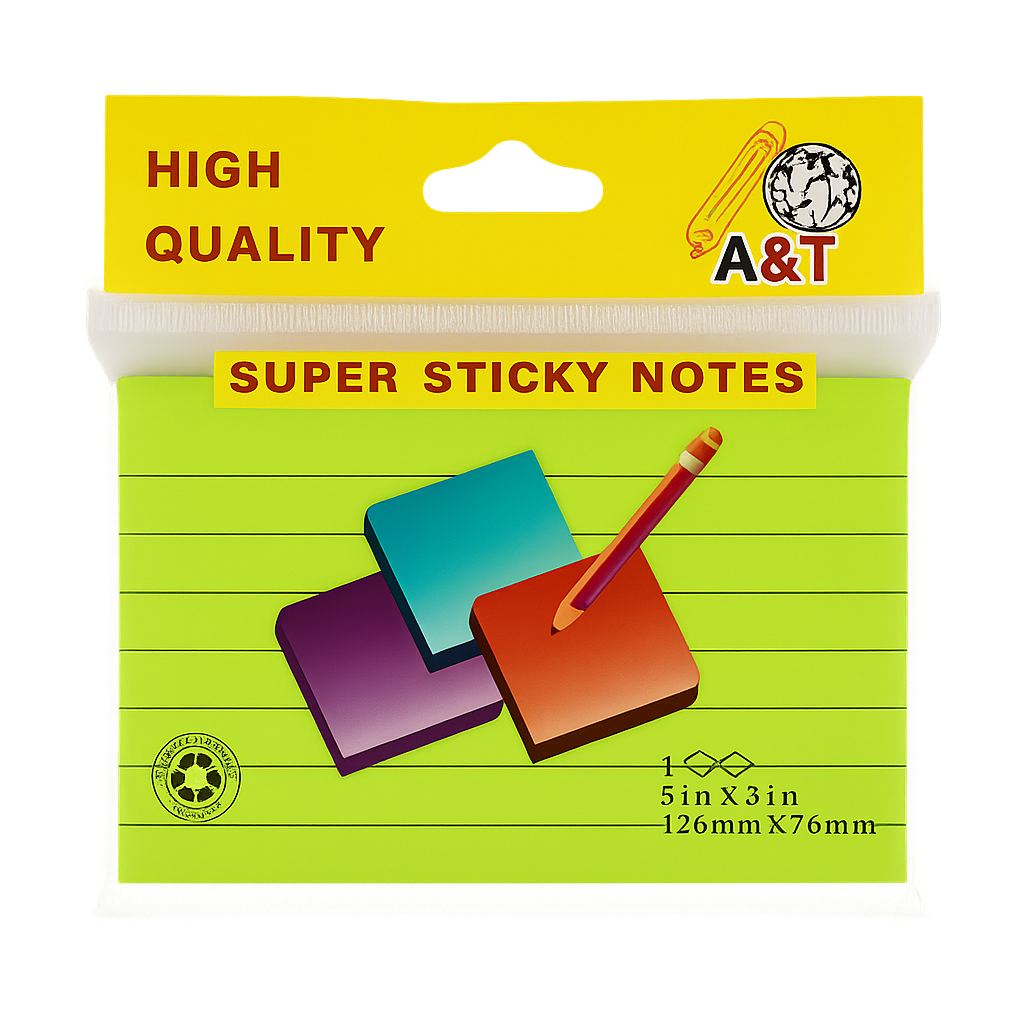 A&T Lined Super Sticky Notes 5x3 || ورق ملاحظات لاصق سوبر مسطر 5×3