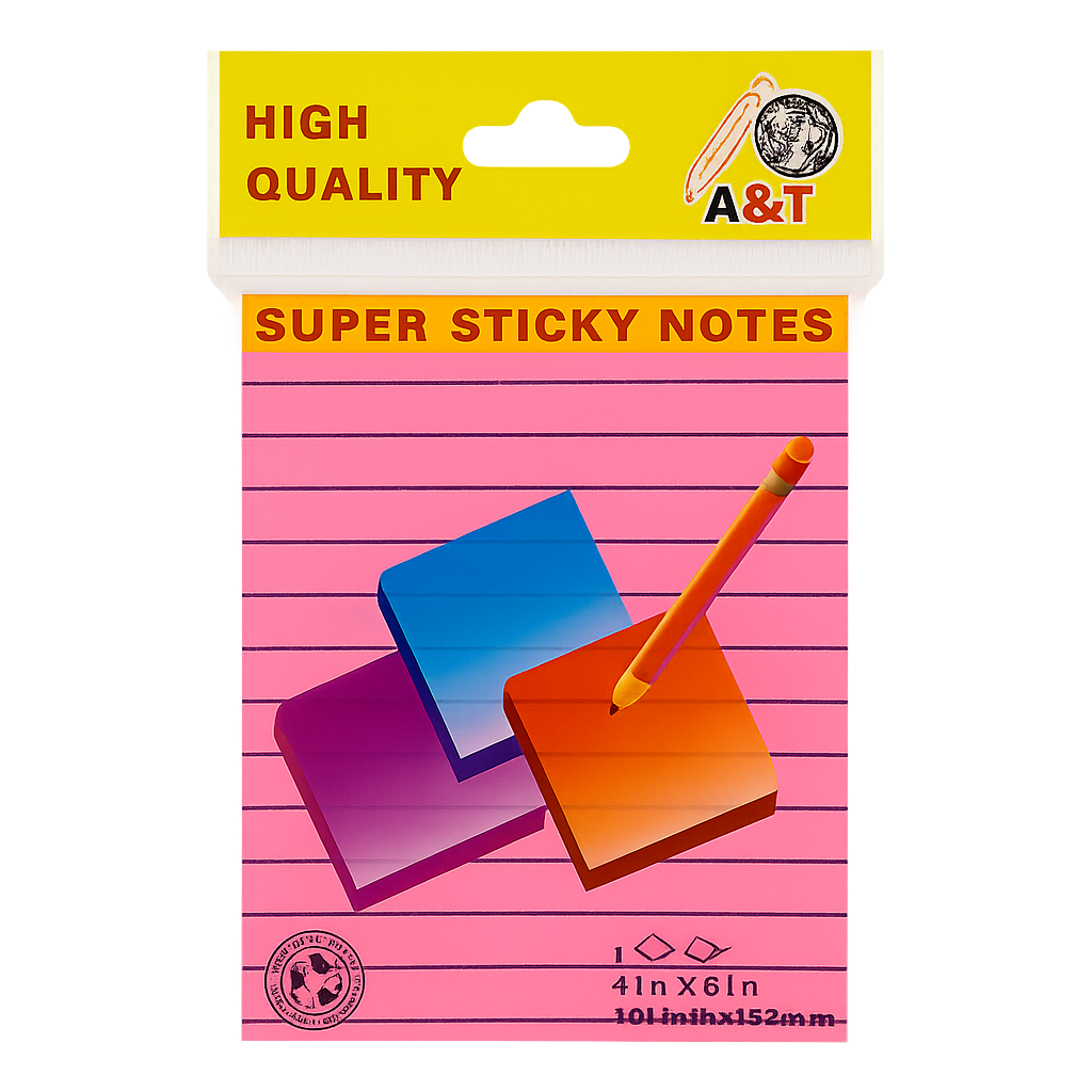 A&T Lined Super Sticky Notes 4x6 || ورق ملاحظات لاصق مسطر 4*6 من إيه آند تي