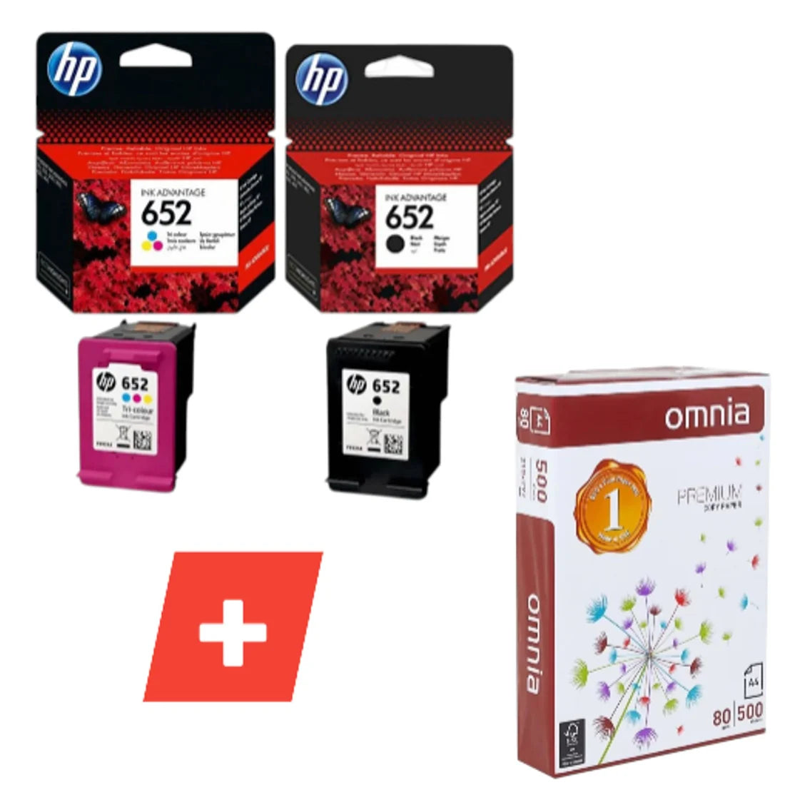 Hp printer ink set 652 black + color + A4 Paper